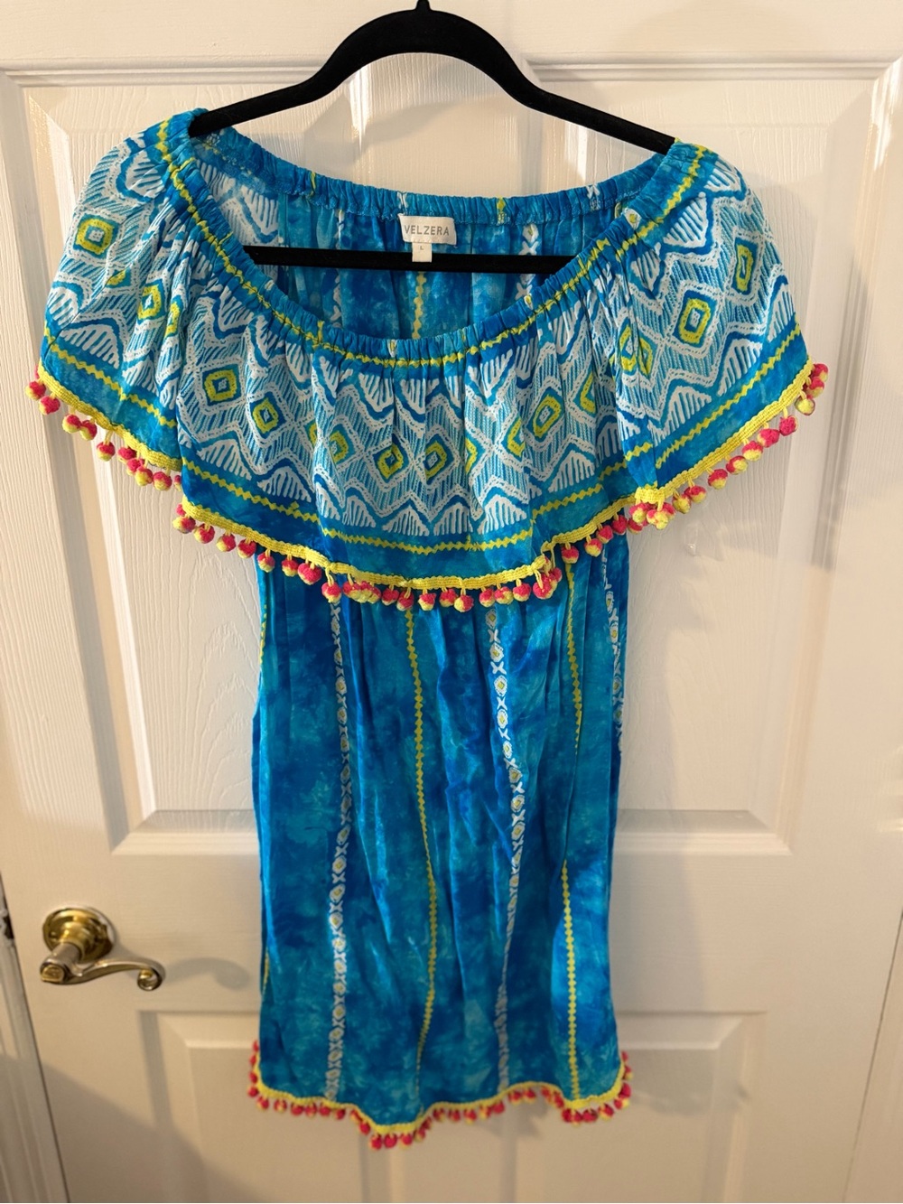 Velzera Teal-Blue Off-Shoulder Dress with Yellow Accents